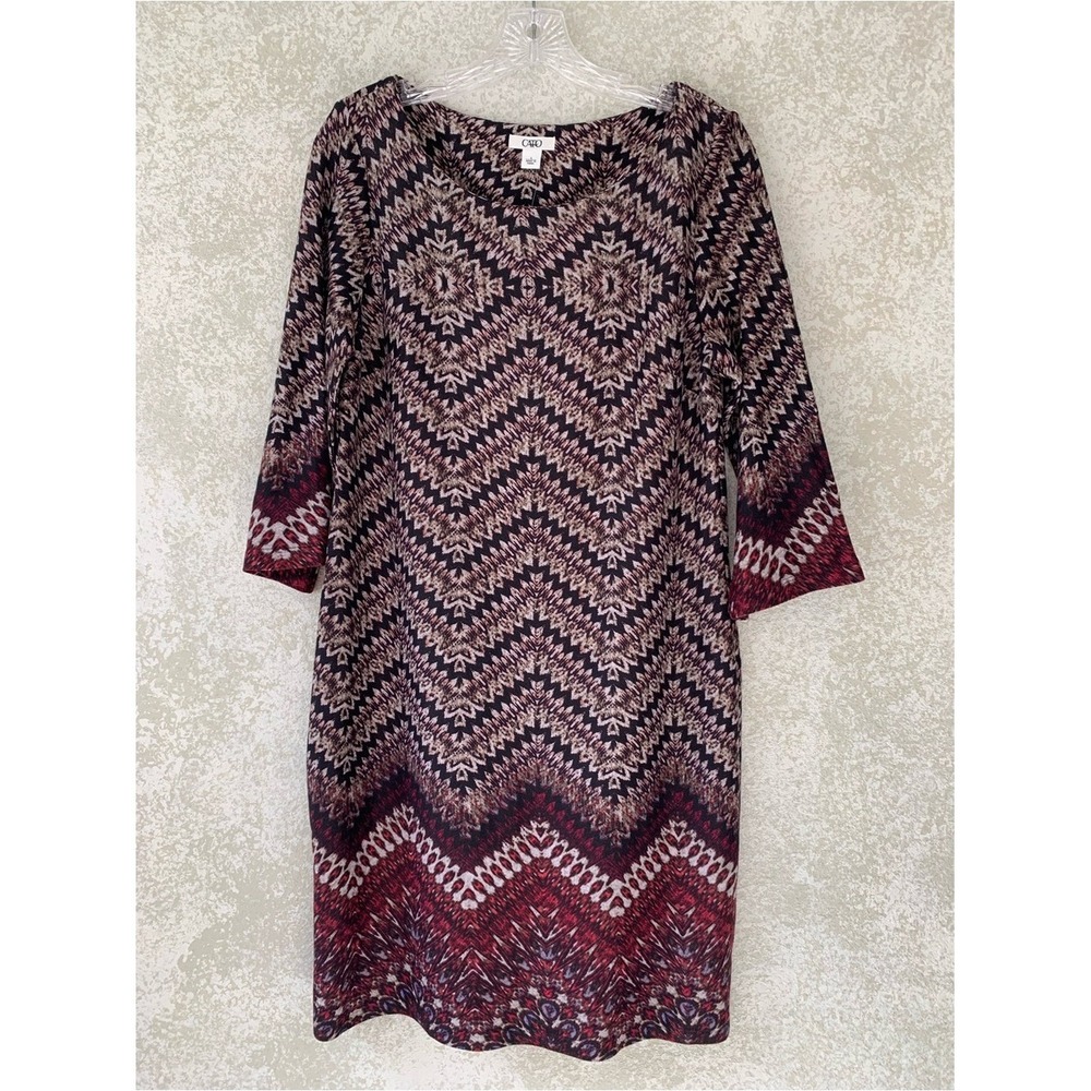 Cato Women Wine Black Geometric Chevron Print 3/4 Sleeve Shift Dress Large NWT